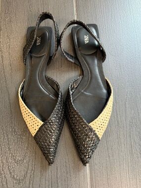 ZARA Black and Beige Woven Pointed Slingback Flats